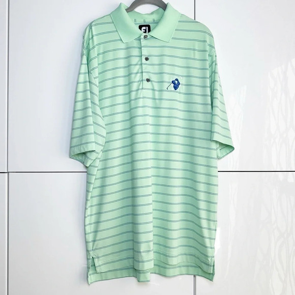 FJ FootJoy Mens Golf Polo Green With Blue Stripe Size Large Short Sleeve - Picture 1 of 8